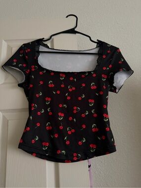 Black Cherry Print Square Neck Women’s Top